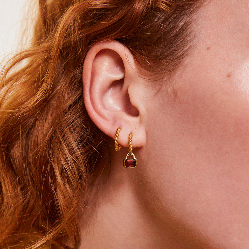 January: Garnet Charms on Twisted Hoops