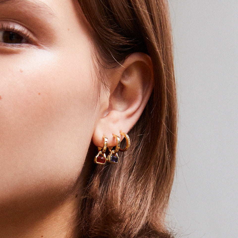 February: Amethyst Charms on Baguette Cut Hoops