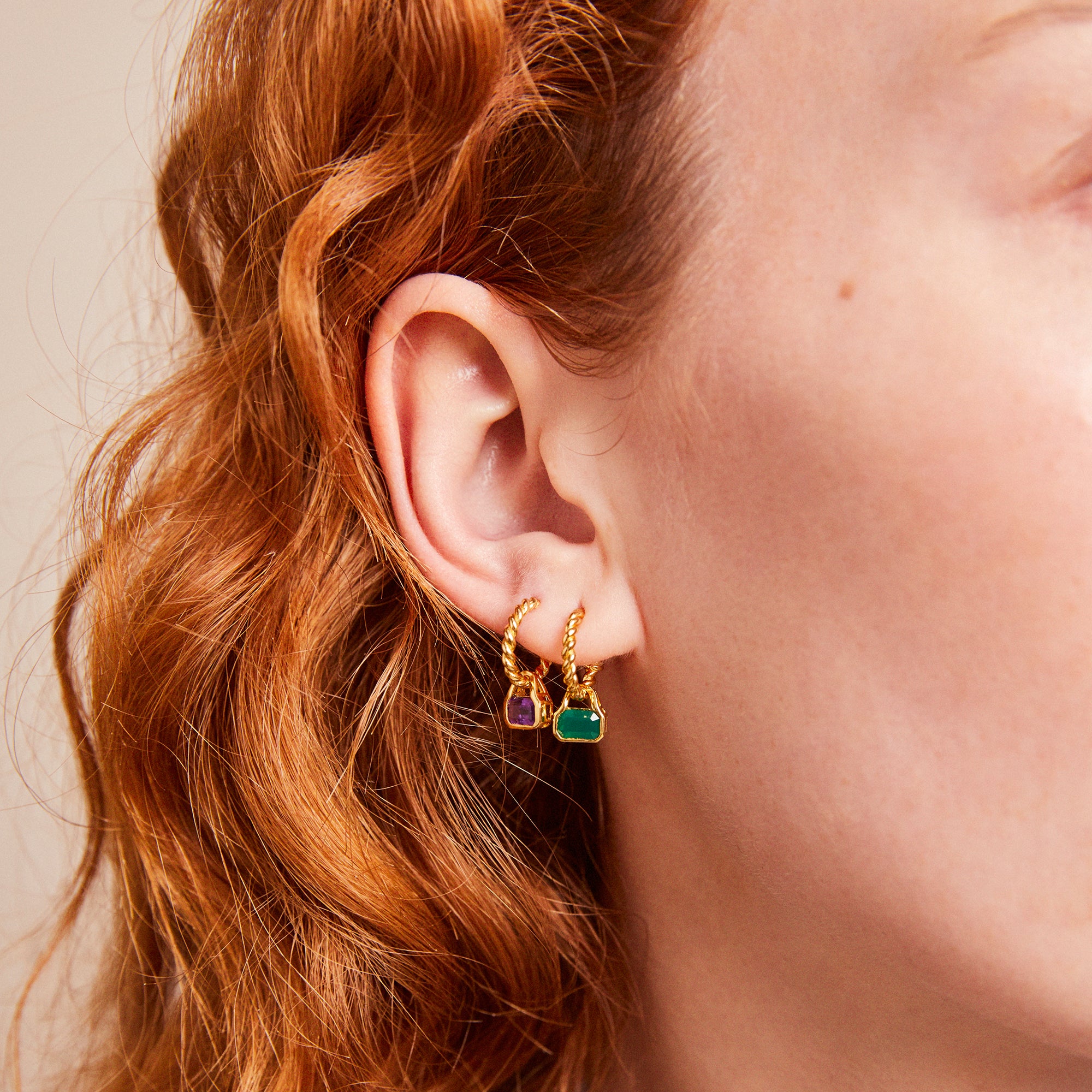 February: Amethyst Charms on Twisted Hoops