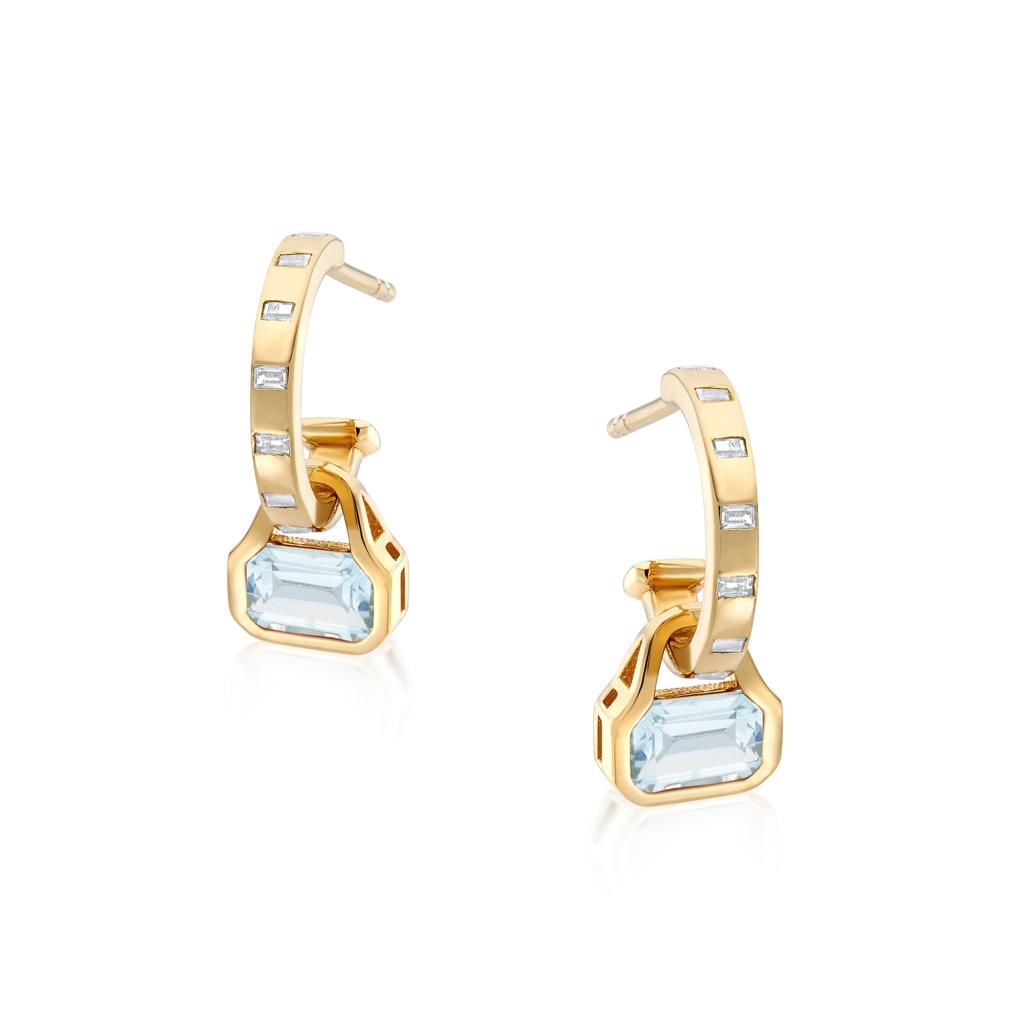 March: Blue Topaz Charms on Baguette Cut Hoops