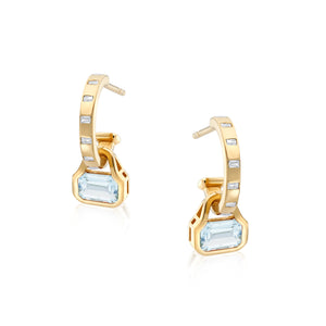 March: Blue Topaz Charms on Baguette Cut Hoops