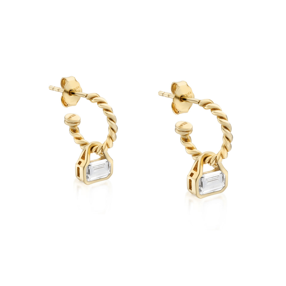 April: White Topaz Charms on Twisted Hoops