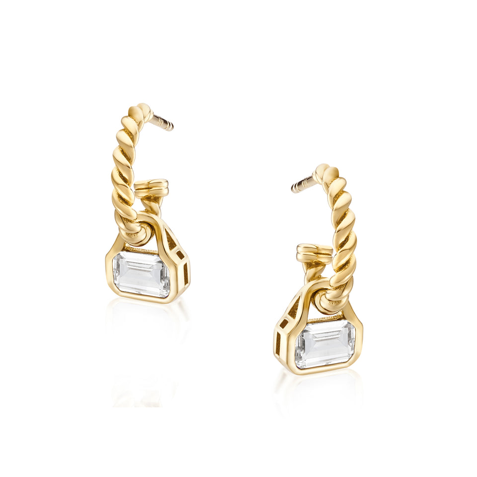 April: White Topaz Charms on Twisted Hoops