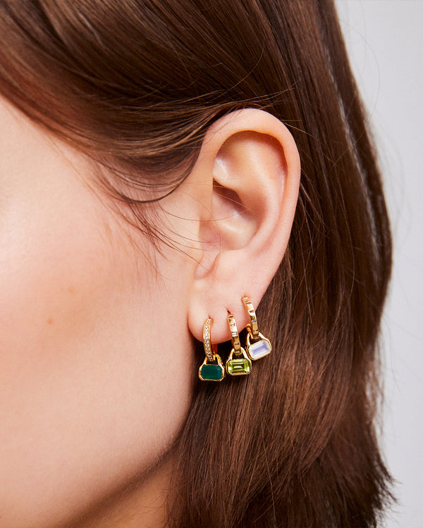 May: Green Agate Charms on White Topaz Hoops