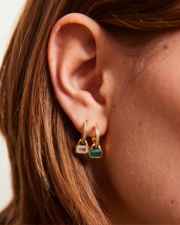 May: Green Agate Charms on White Topaz Hoops