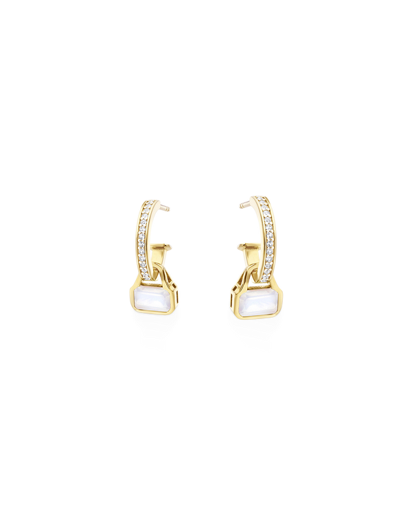 June: Moonstone Charms on White Topaz Hoops
