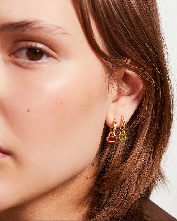 July: Red Agate Charms on White Topaz Hoops