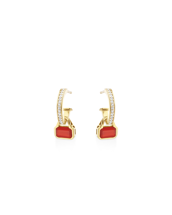 July: Red Agate Charms on White Topaz Hoops