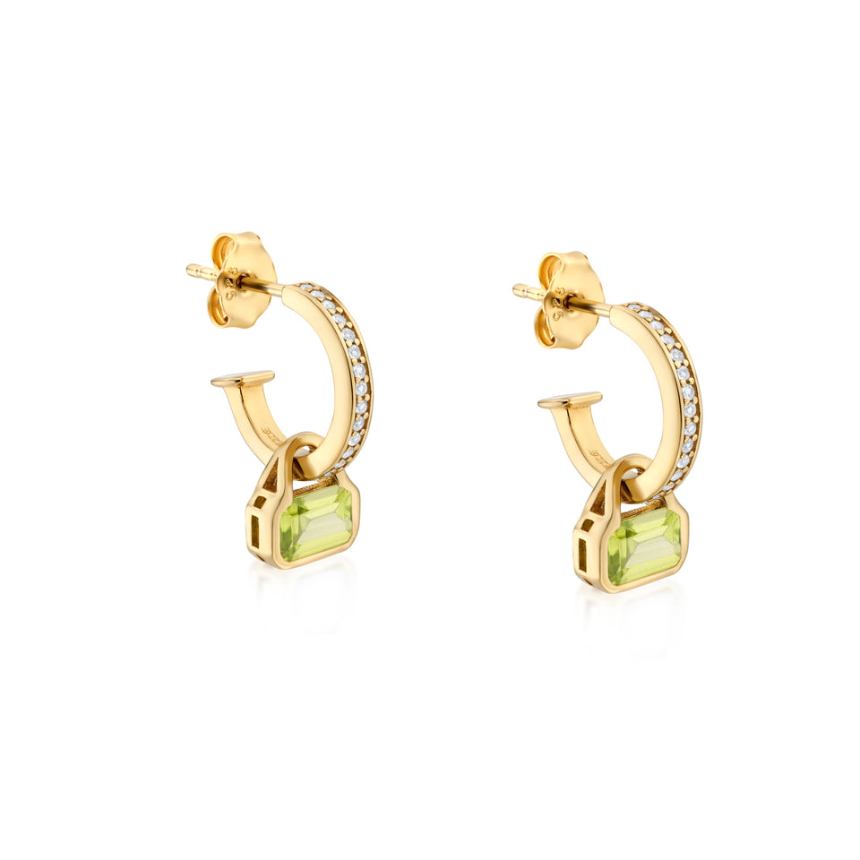 August: Peridot Charms on White Topaz Hoops