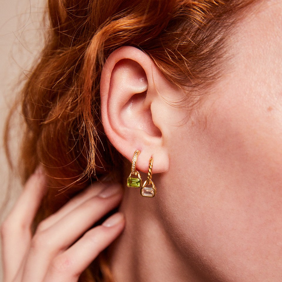 August: Peridot Charms on White Topaz Hoops