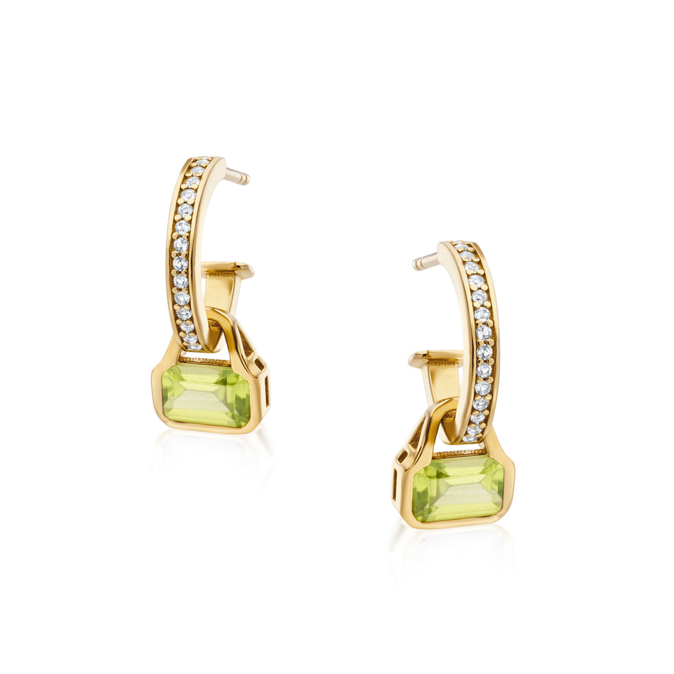 August: Peridot Charms on White Topaz Hoops
