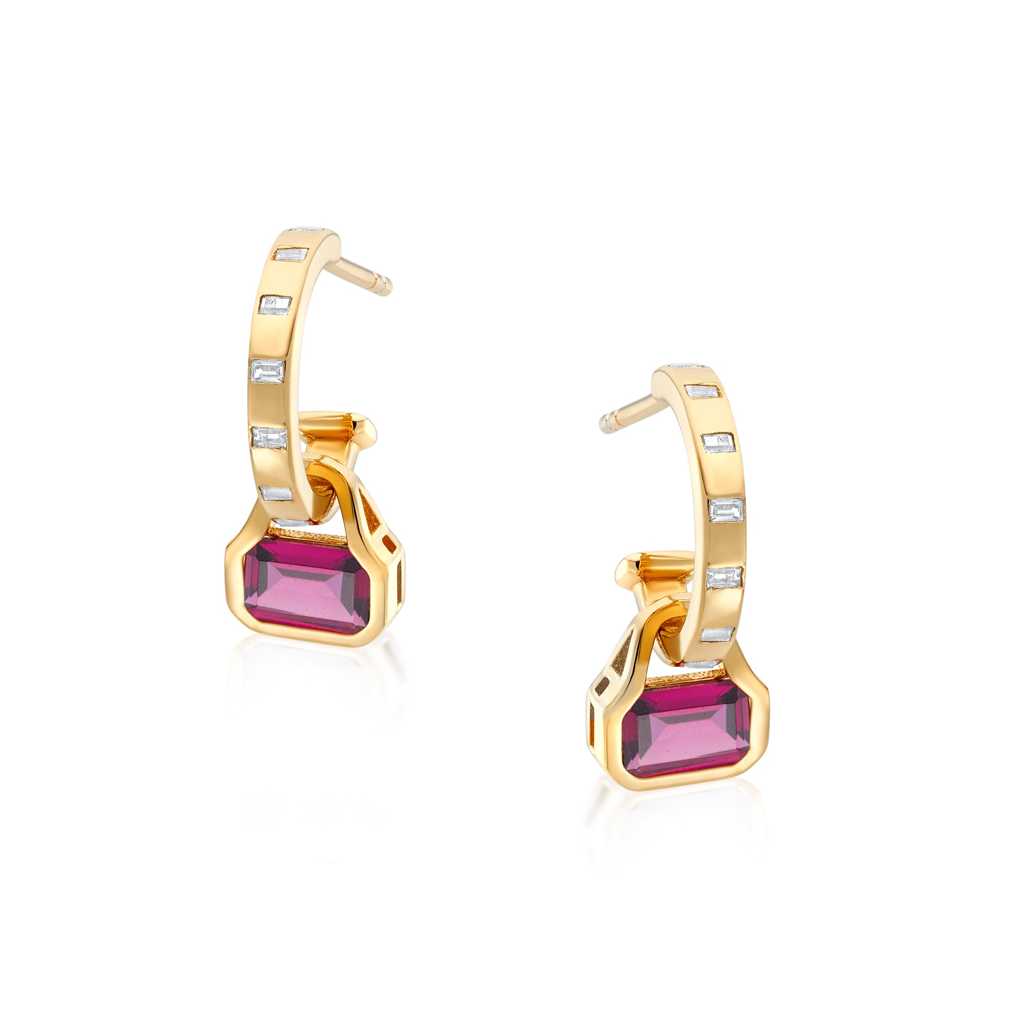 October: Rhodolite Charms on Baguette Cut Hoops