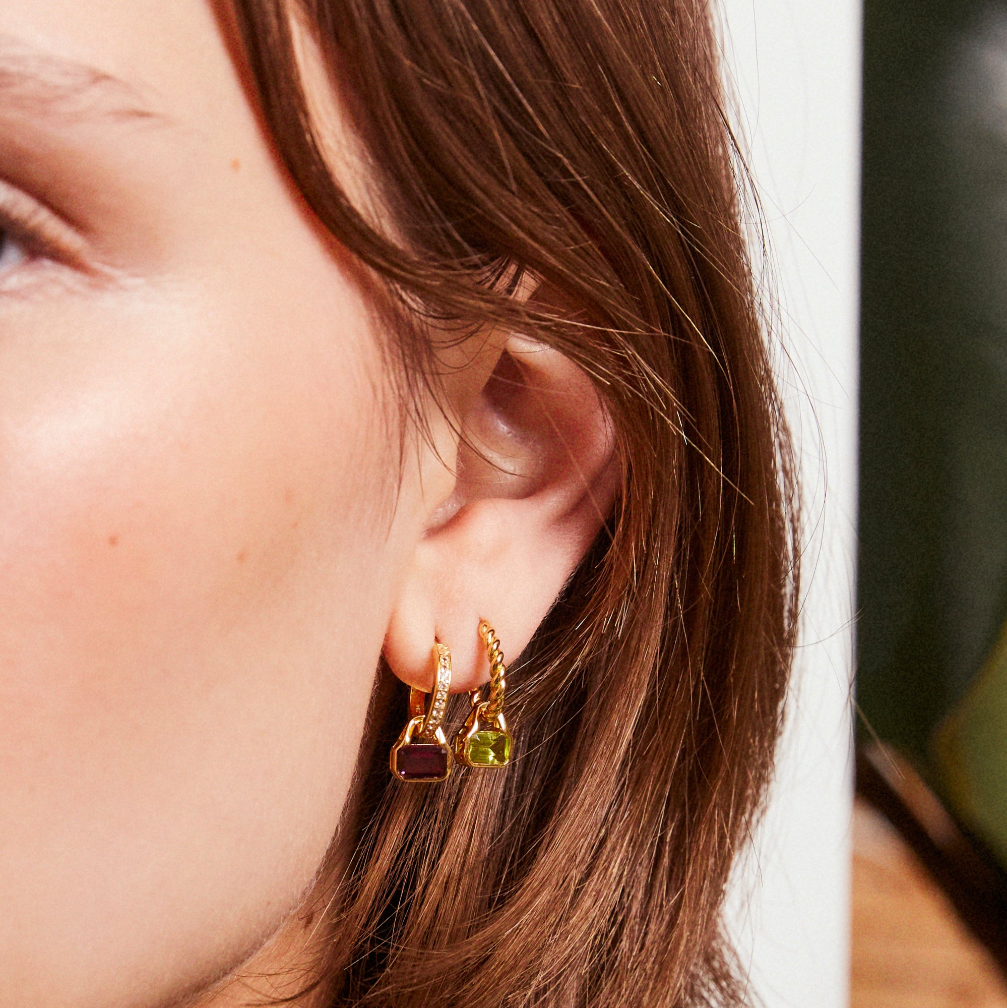 October: Rhodolite Charms on White Topaz Hoops