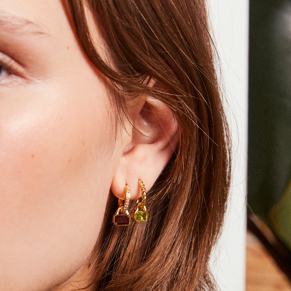 October: Rhodolite Charms on White Topaz Hoops