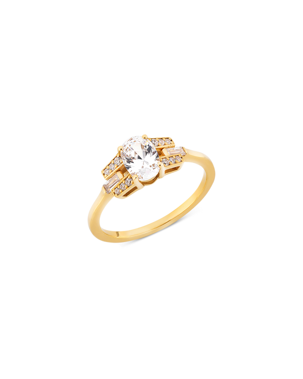 Oval cut diamond buckle ring in yellow gold