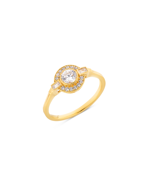 Round Art Deco halo diamond ring in yellow gold