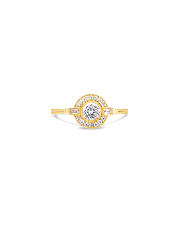 Round Art Deco halo diamond ring in yellow gold