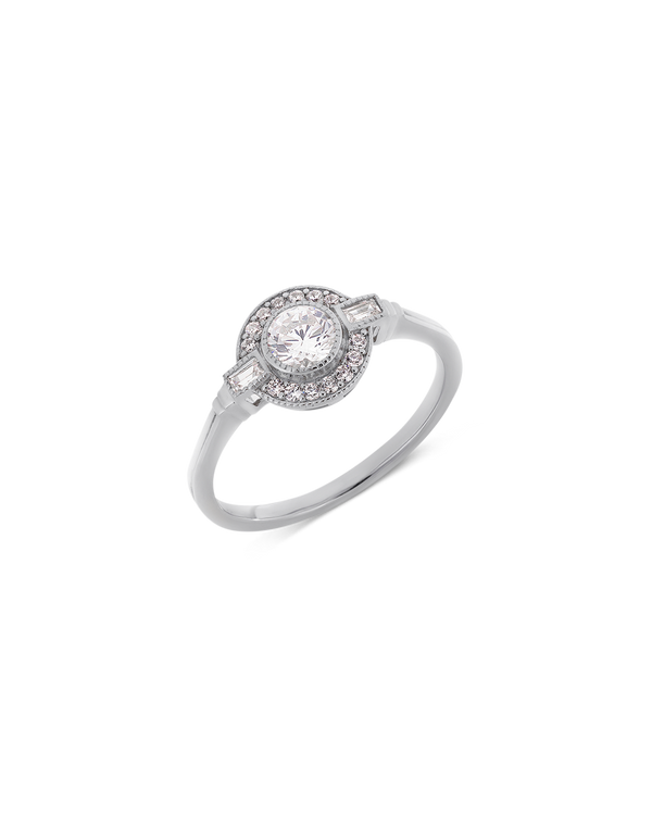 Round Art Deco diamond halo ring in white gold