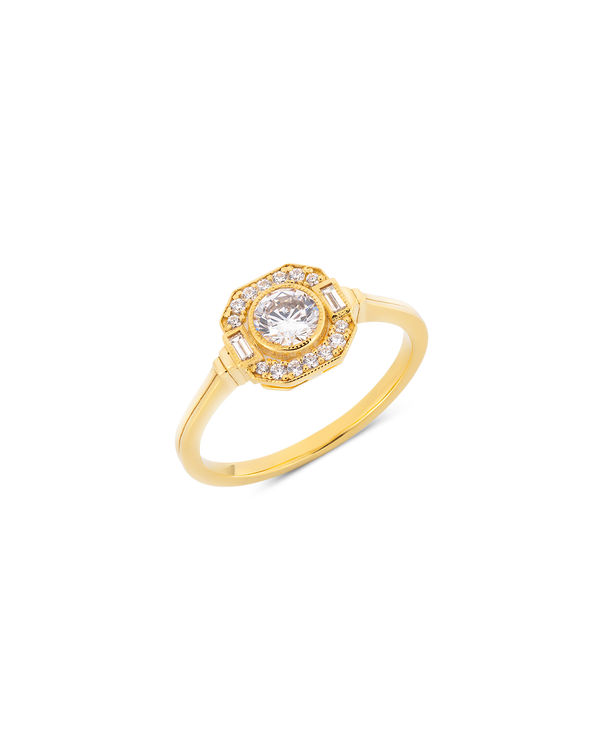 Asscher Art Deco halo diamond ring in yellow gold
