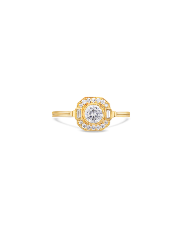 Asscher Art Deco halo diamond ring in yellow gold
