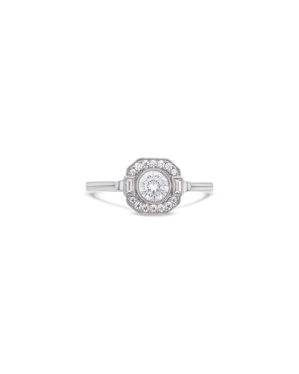 Asscher Art Deco diamond halo ring in white gold