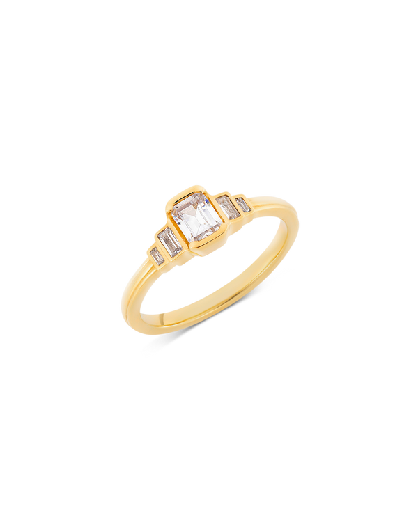Deco cascading emerald & baguette cut diamond ring in yellow gold