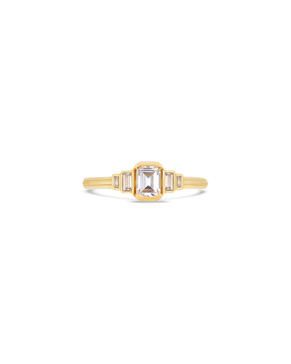 Deco cascading emerald & baguette cut diamond ring in yellow gold