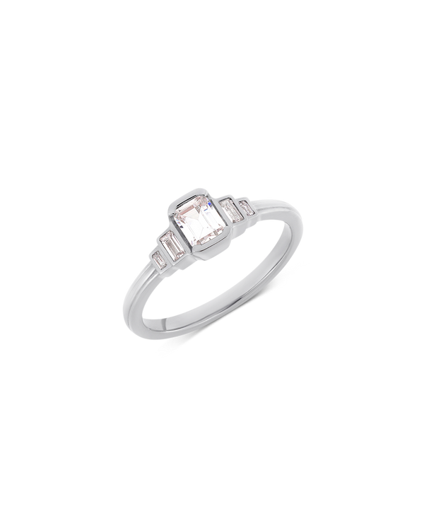Deco cascading emerald & baguette cut diamond ring in white gold