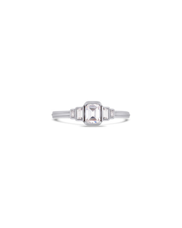 Deco cascading emerald & baguette cut diamond ring in platinum
