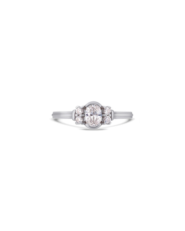 Deco oval cut solitaire diamond ring in white gold