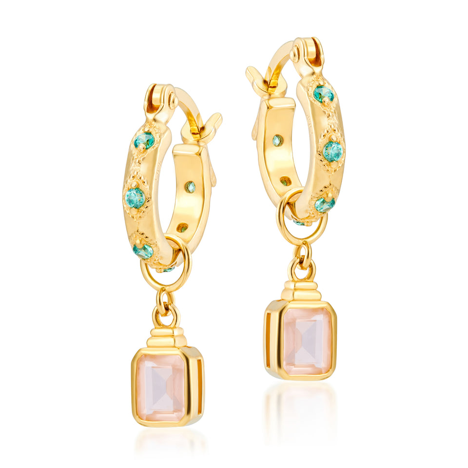 Lena Hoop Earrings in Mint with Emerald Cut Charm in Apricot