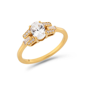 Oval cut diamond buckle ring in yellow gold