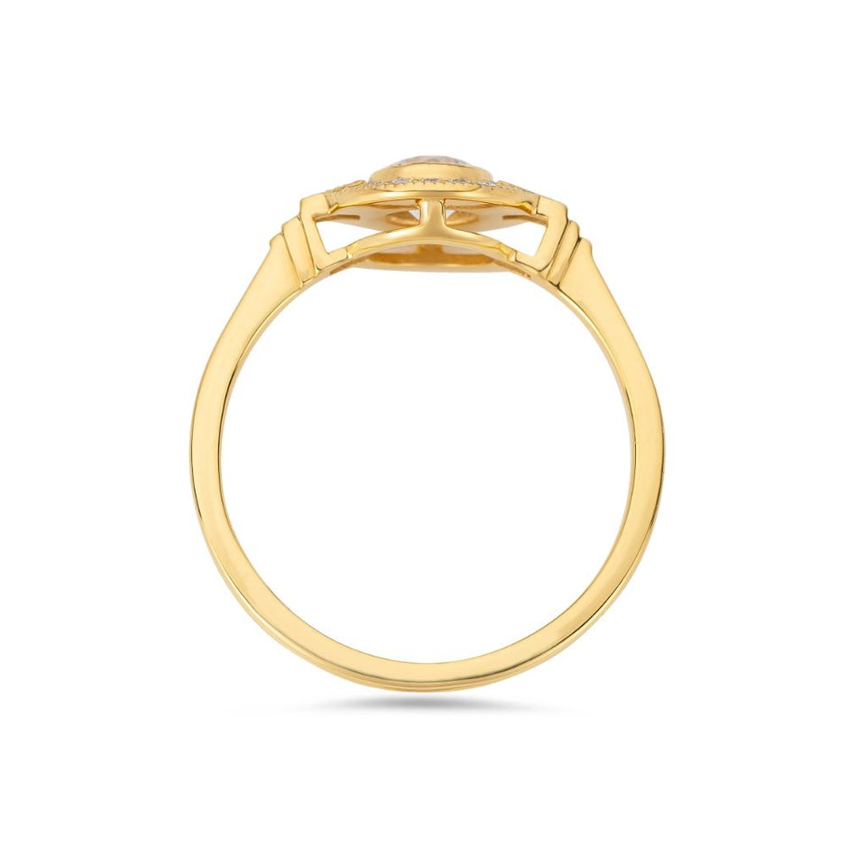 Round Art Deco halo diamond ring in yellow gold