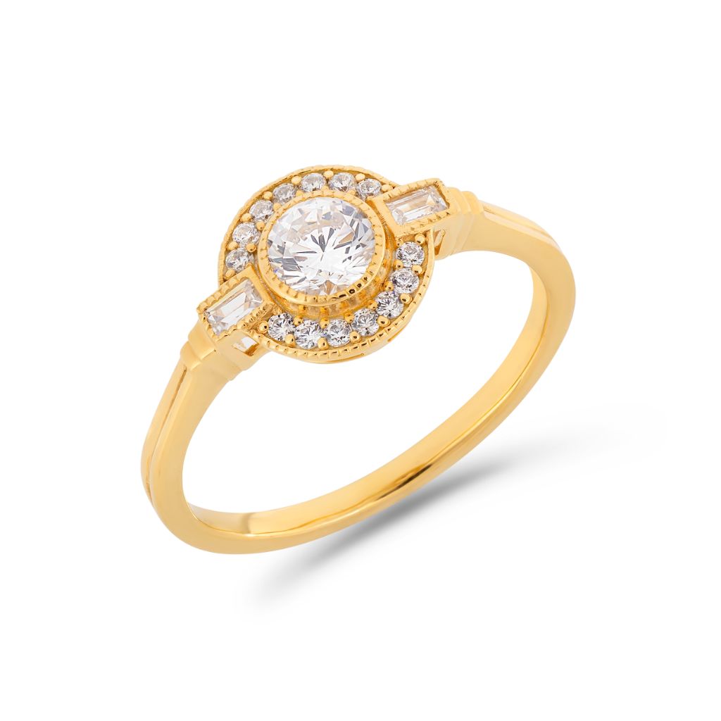 Round Art Deco halo diamond ring in yellow gold