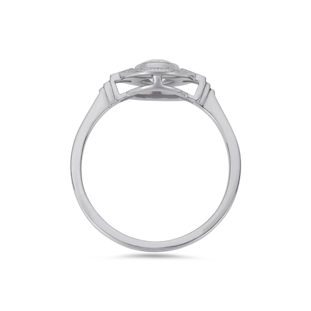 Round Art Deco diamond halo ring in platinum