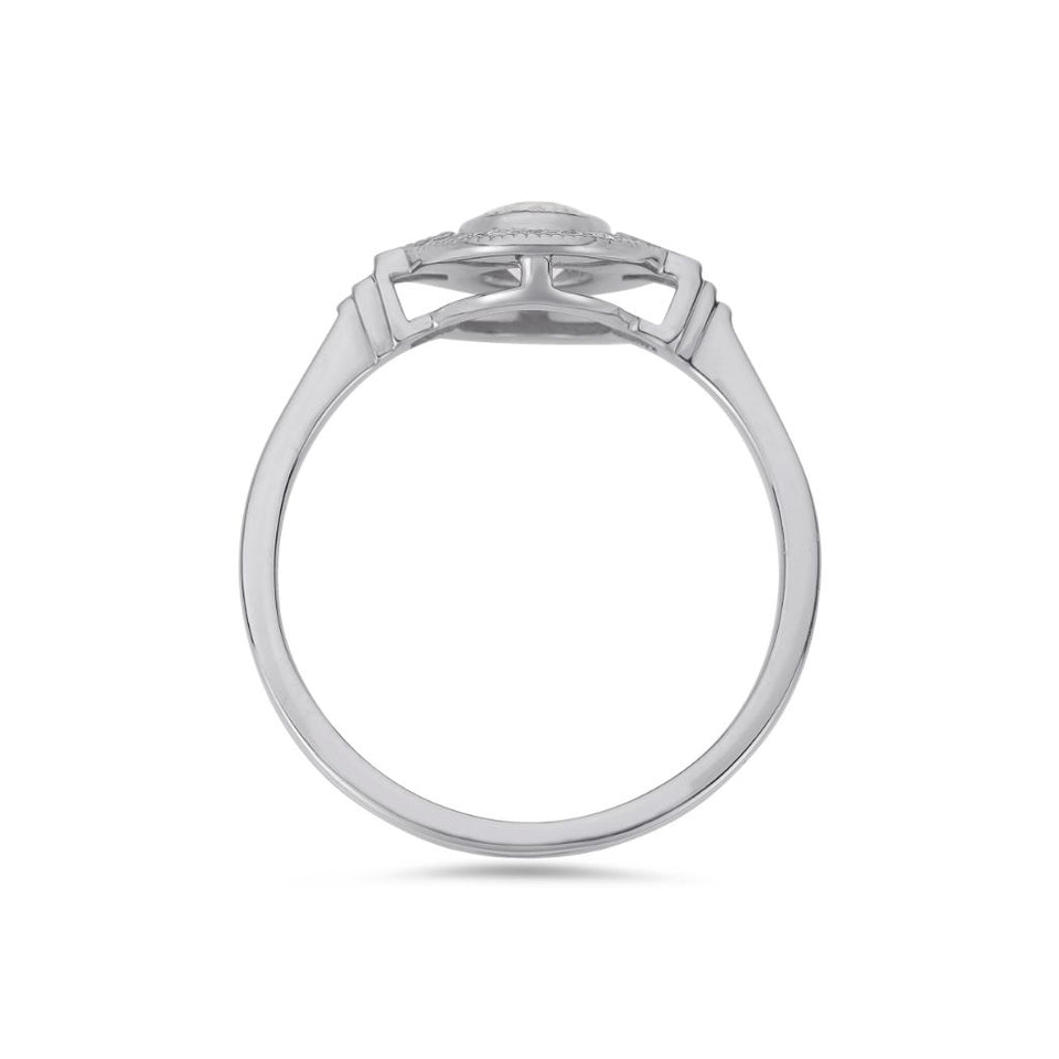 Round Art Deco diamond halo ring in platinum