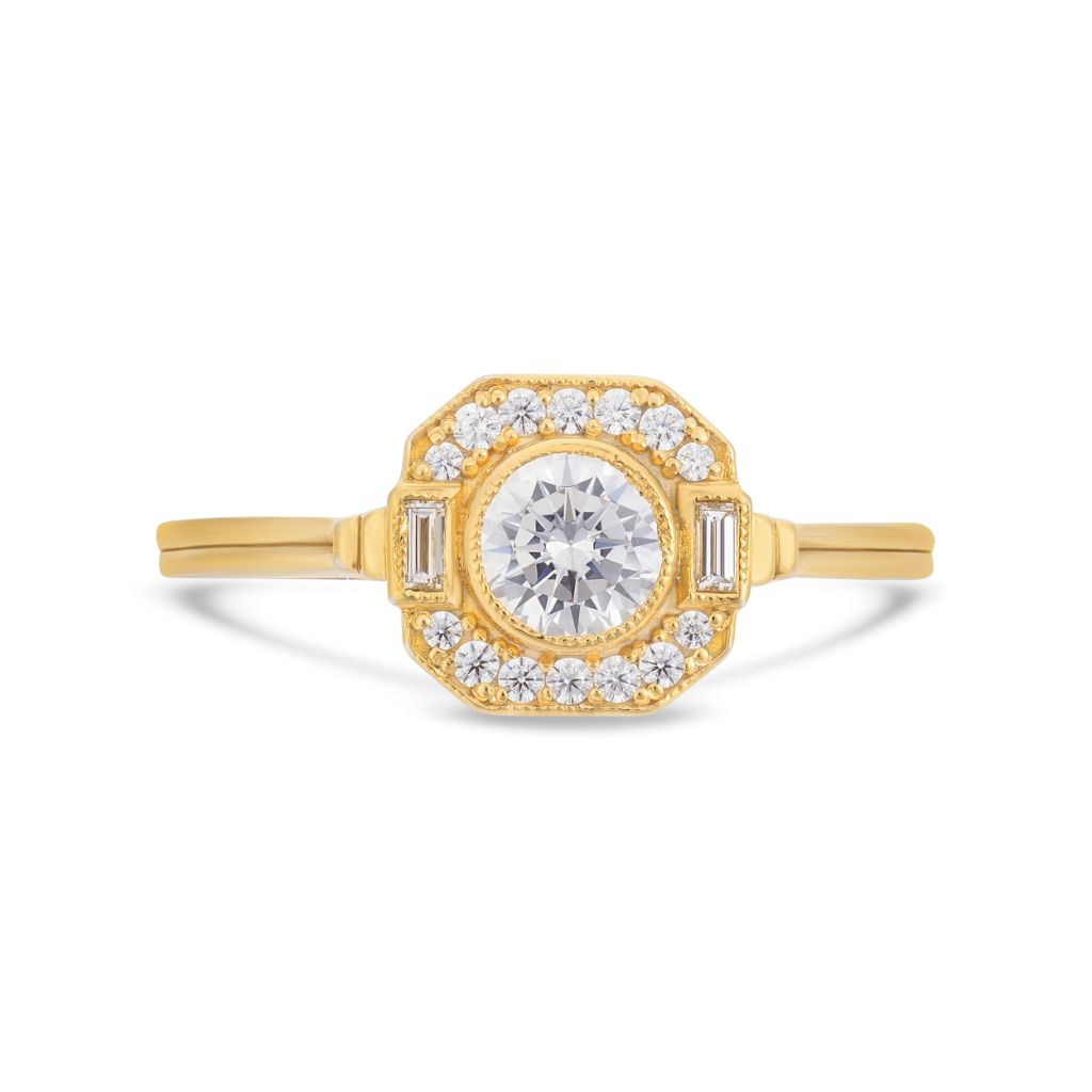 Asscher Art Deco halo diamond ring in yellow gold
