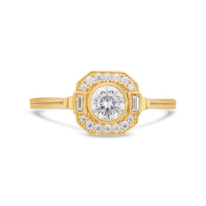 Asscher Art Deco halo diamond ring in yellow gold