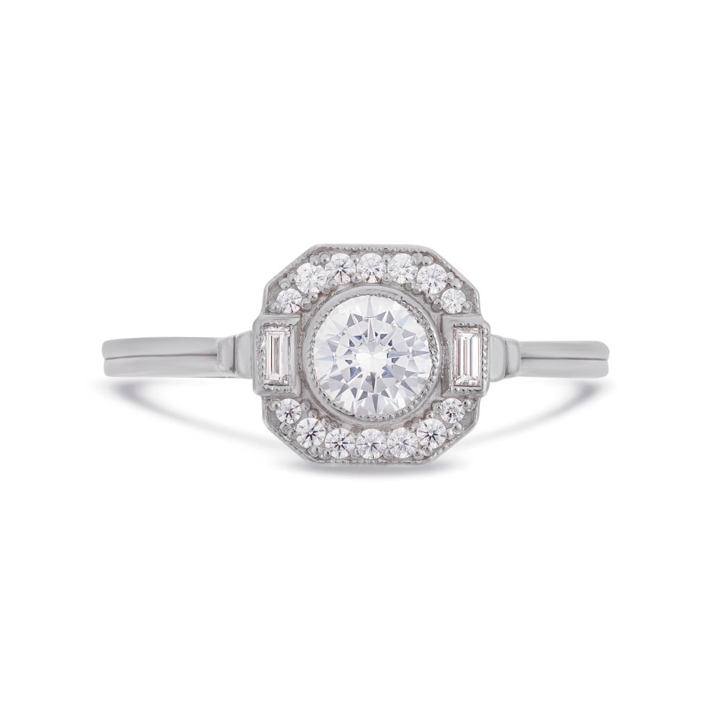 Asscher Art Deco diamond halo ring in platinum
