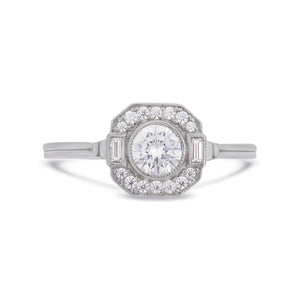 Asscher Art Deco diamond halo ring in platinum
