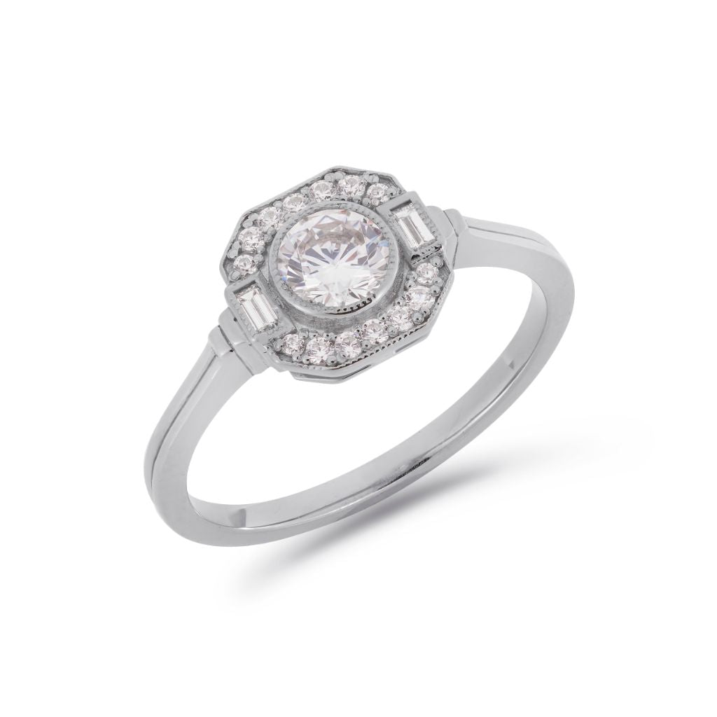 Asscher Art Deco diamond halo ring in platinum