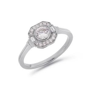 Asscher Art Deco diamond halo ring in platinum