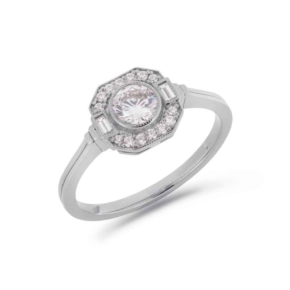 Asscher Art Deco diamond halo ring in platinum