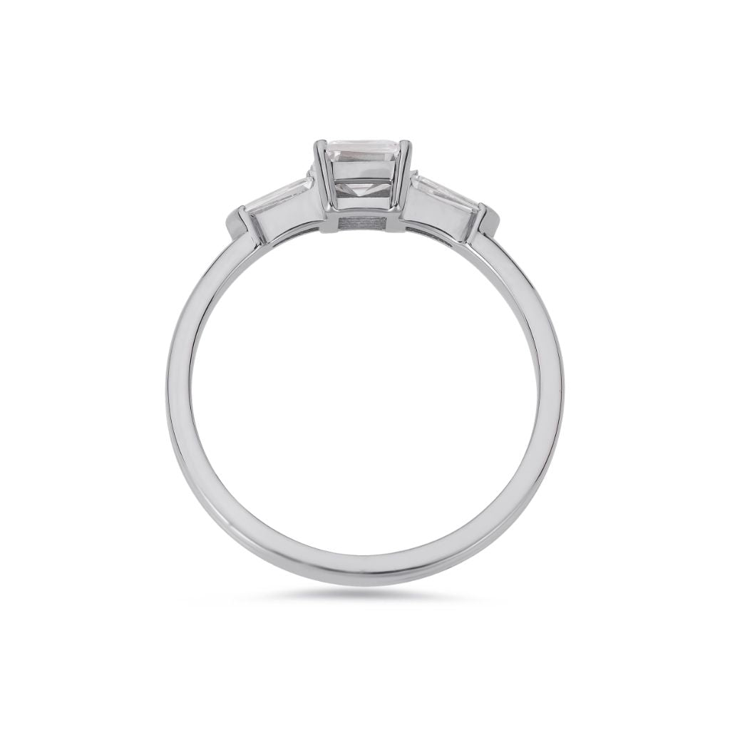 Illusion bullet & emerald cut diamond ring in platinum