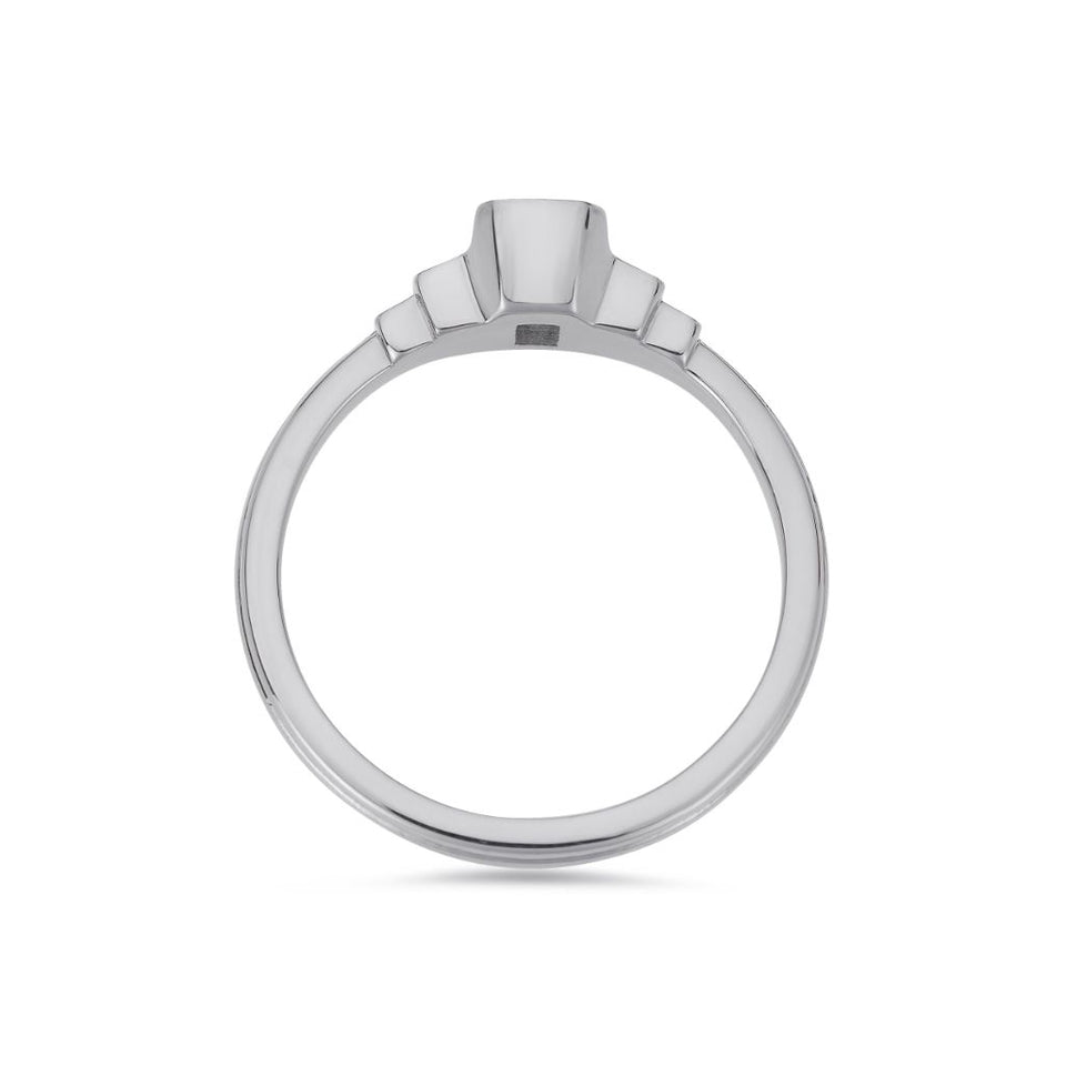 Deco cascading emerald & baguette cut diamond ring in white gold