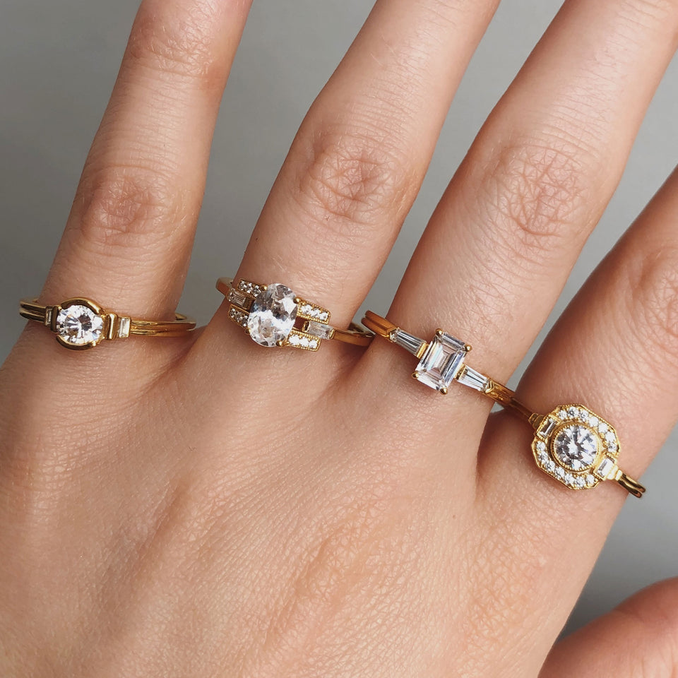 Asscher Art Deco halo diamond ring in yellow gold