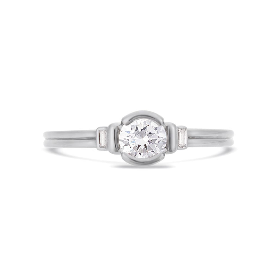 Deco brilliant cut solitaire diamond ring in white gold